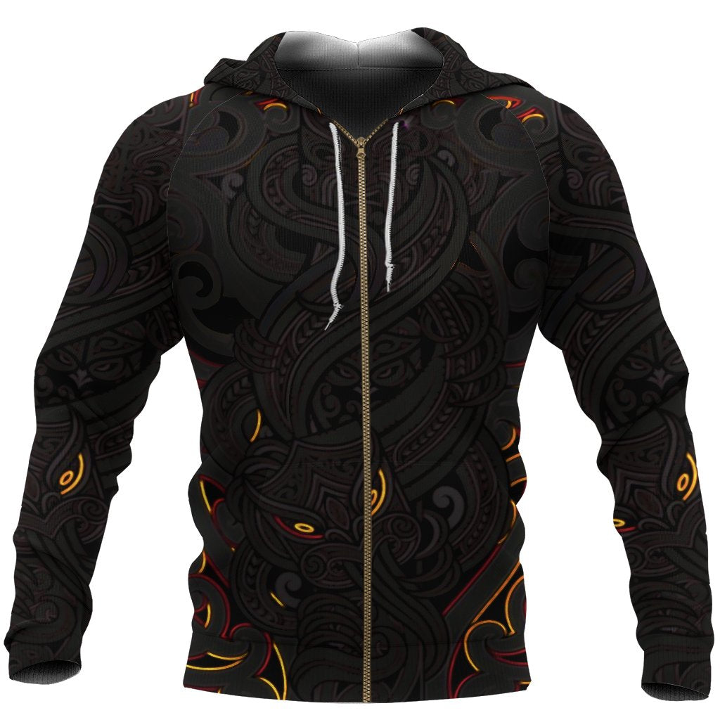 New Zealand Zip Up Hoodie, Maori Gods Zipper Hoodie, Tumatauenga (God Of War) - Black - Vibe Hoodie Shop