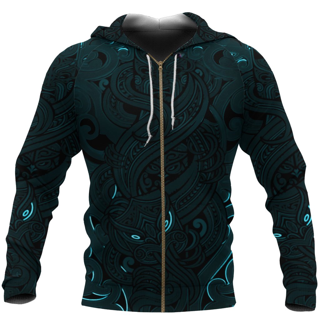 New Zealand Zip Up Hoodie, Maori Gods Zipper Hoodie, Tumatauenga (God Of War) - Blue - Vibe Hoodie Shop