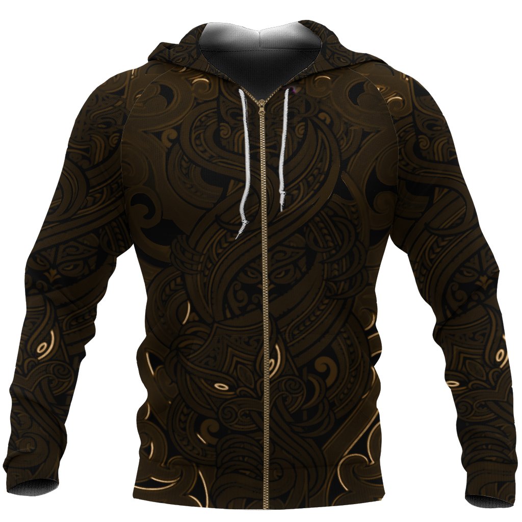 New Zealand Zip Up Hoodie, Maori Gods Zipper Hoodie, Tumatauenga (God Of War) - Gold - Vibe Hoodie Shop