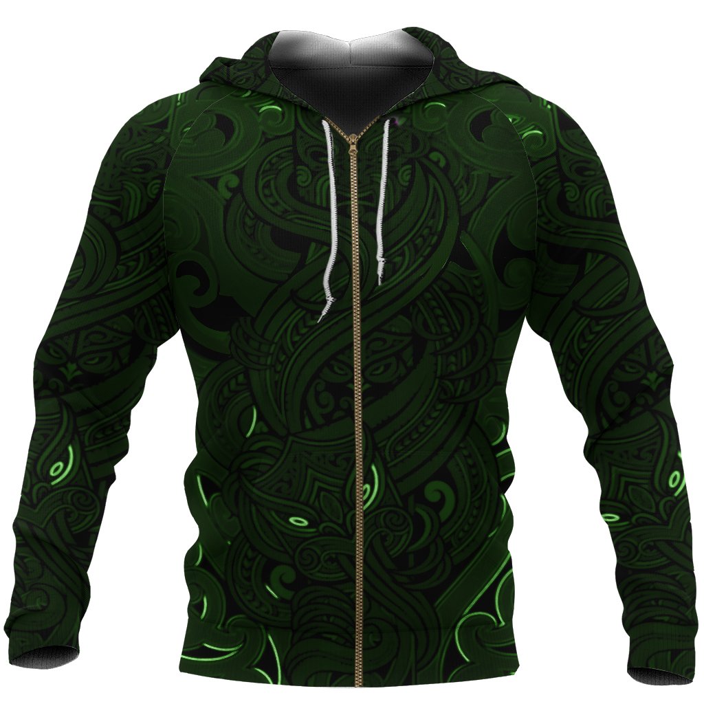 New Zealand Zip Up Hoodie, Maori Gods Zipper Hoodie, Tumatauenga (God Of War) - Green - Vibe Hoodie Shop