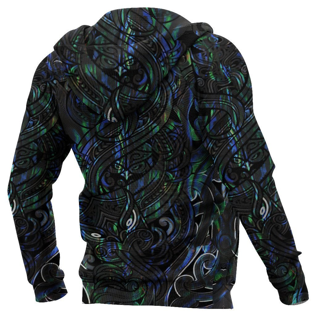 New Zealand Zip Up Hoodie, Maori Gods Zipper Hoodie, Tumatauenga (God Of War) - Paua Shell - Vibe Hoodie Shop