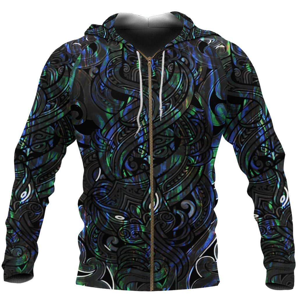 New Zealand Zip Up Hoodie, Maori Gods Zipper Hoodie, Tumatauenga (God Of War) - Paua Shell - Vibe Hoodie Shop