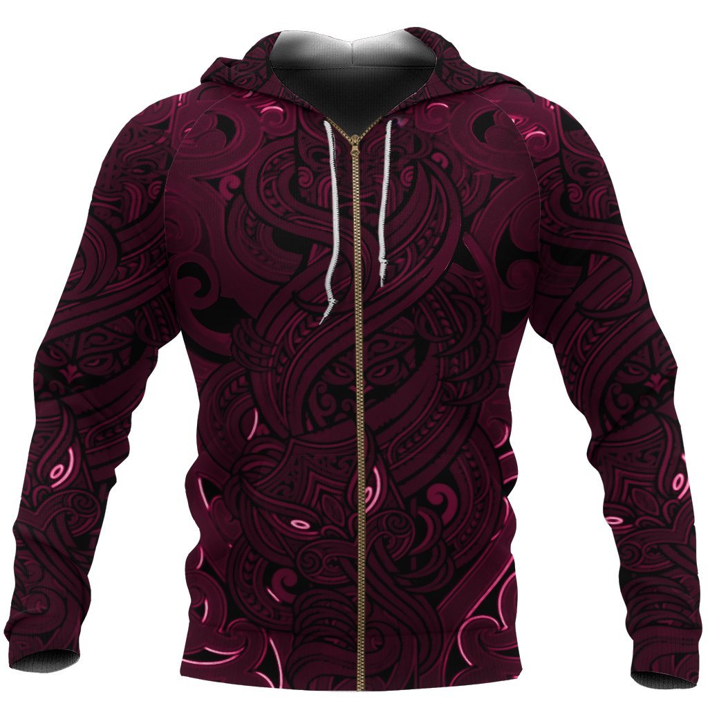 New Zealand Zip Up Hoodie, Maori Gods Zipper Hoodie, Tumatauenga (God Of War) - Pink - Vibe Hoodie Shop