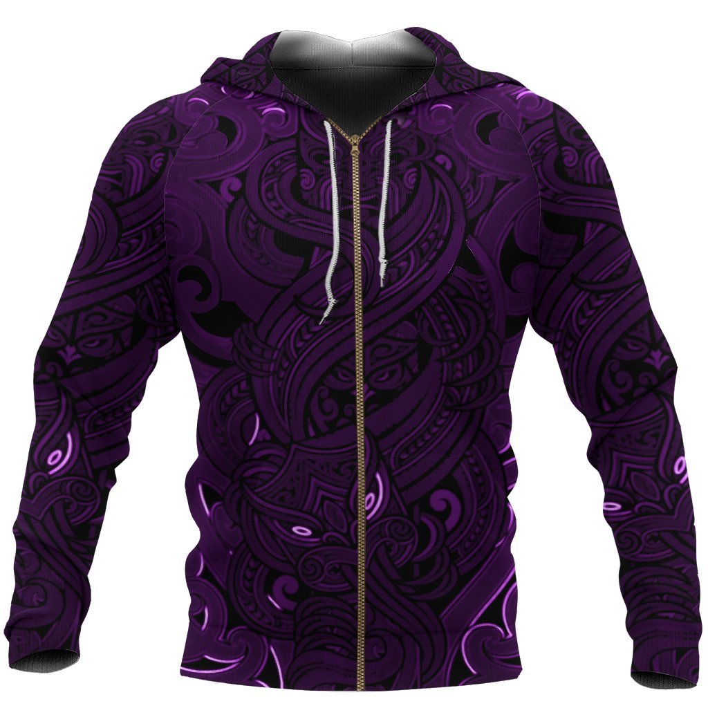 New Zealand Zip Up Hoodie, Maori Gods Zipper Hoodie, Tumatauenga (God Of War) - Purple K4 Merchize - Vibe Hoodie Shop