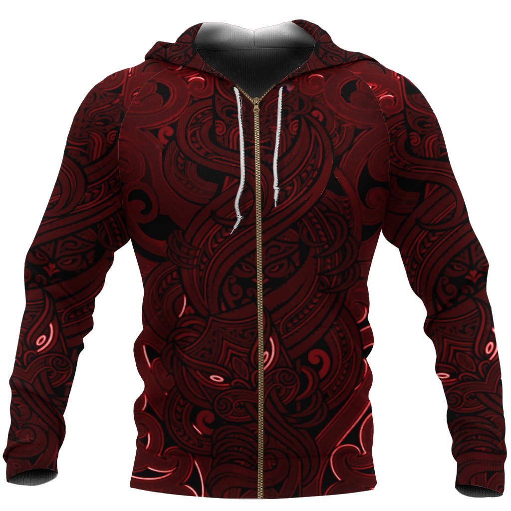 New Zealand Zip Up Hoodie, Maori Gods Zipper Hoodie, Tumatauenga (God Of War) - Red - Vibe Hoodie Shop