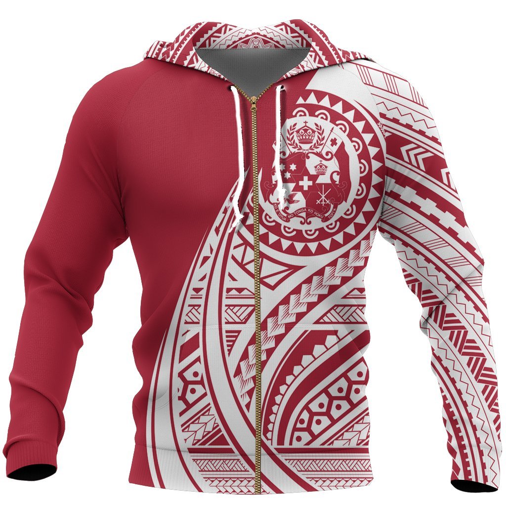 Zip Up Hoodie Tonga Polynesian Red And White - Tattoo Style - Vibe Hoodie Shop