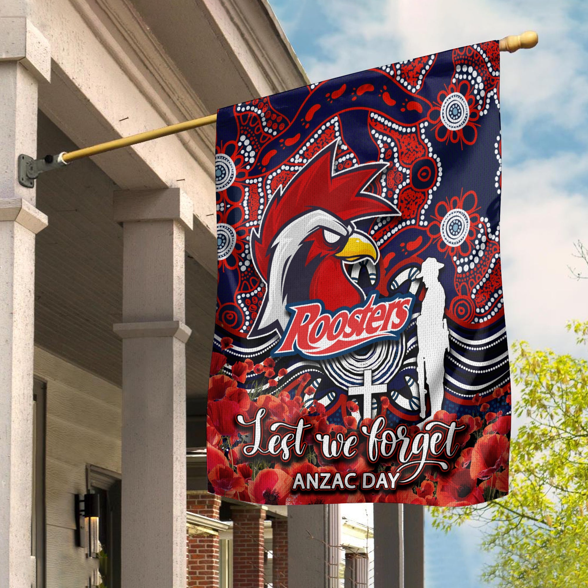 Roosters Flag ANZAC Day Poppy Flowers With Aboriginal - Vibe Hoodie Shop