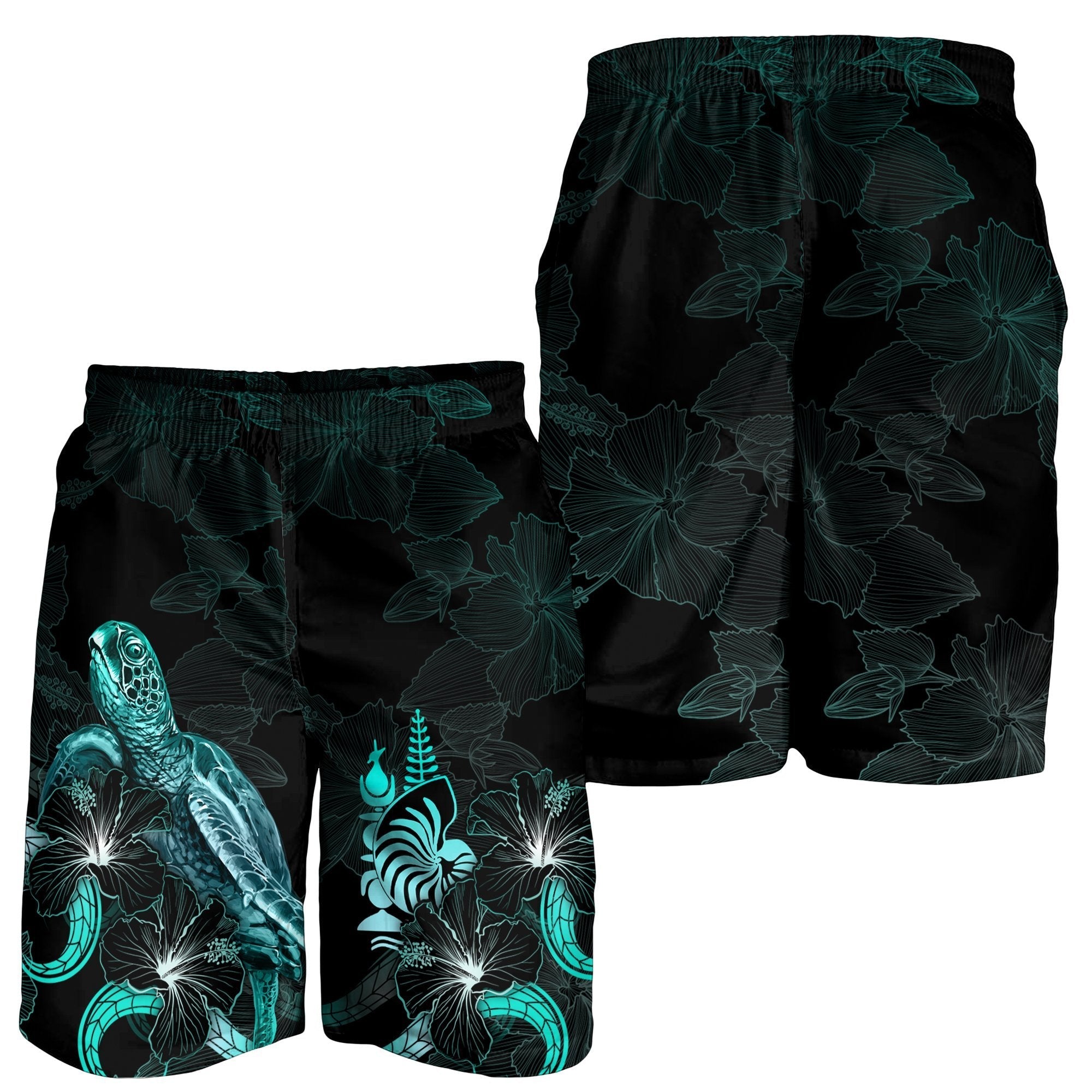 New Caledonia Polynesian Men's Shorts - Turtle With Blooming Hibiscus Turquoise - Vibe Hoodie Shop