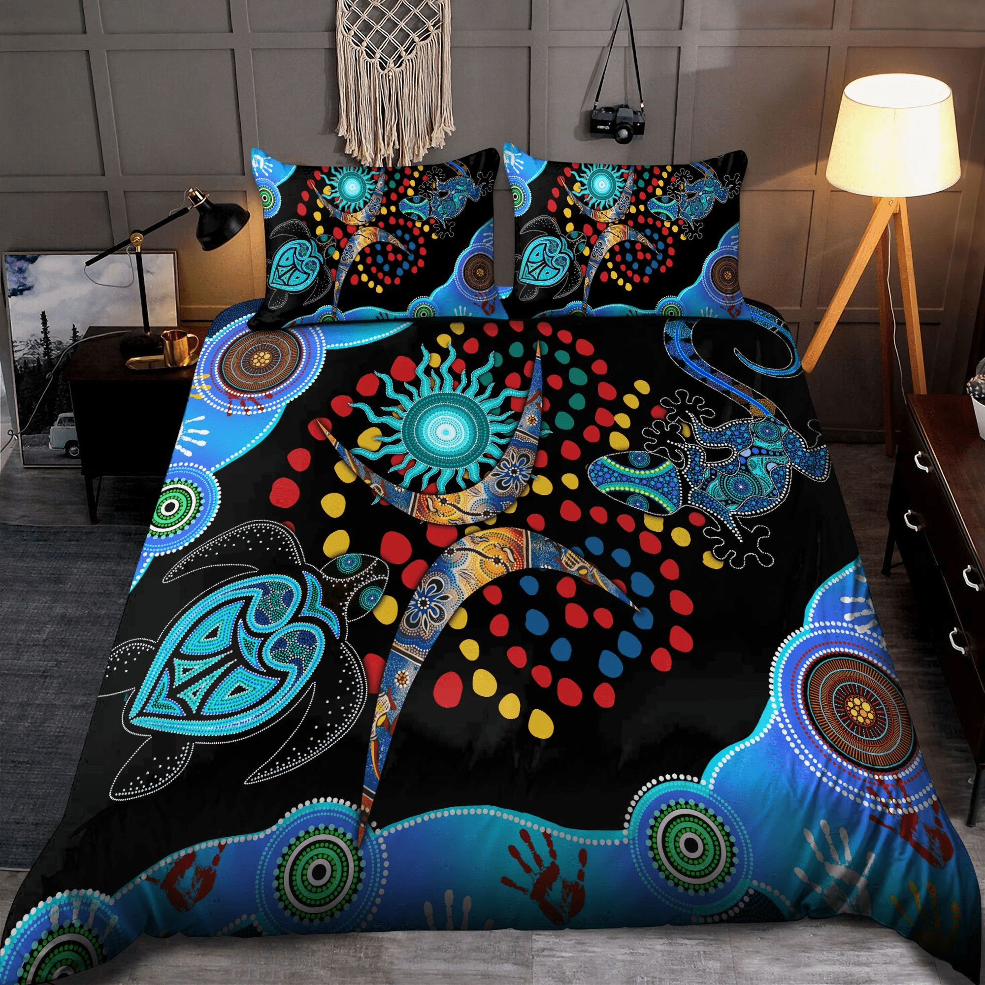 Australia Bedding Set - Aboriginal NAIDOC Week 2022 Blue Turtle Lizard - Vibe Hoodie Shop