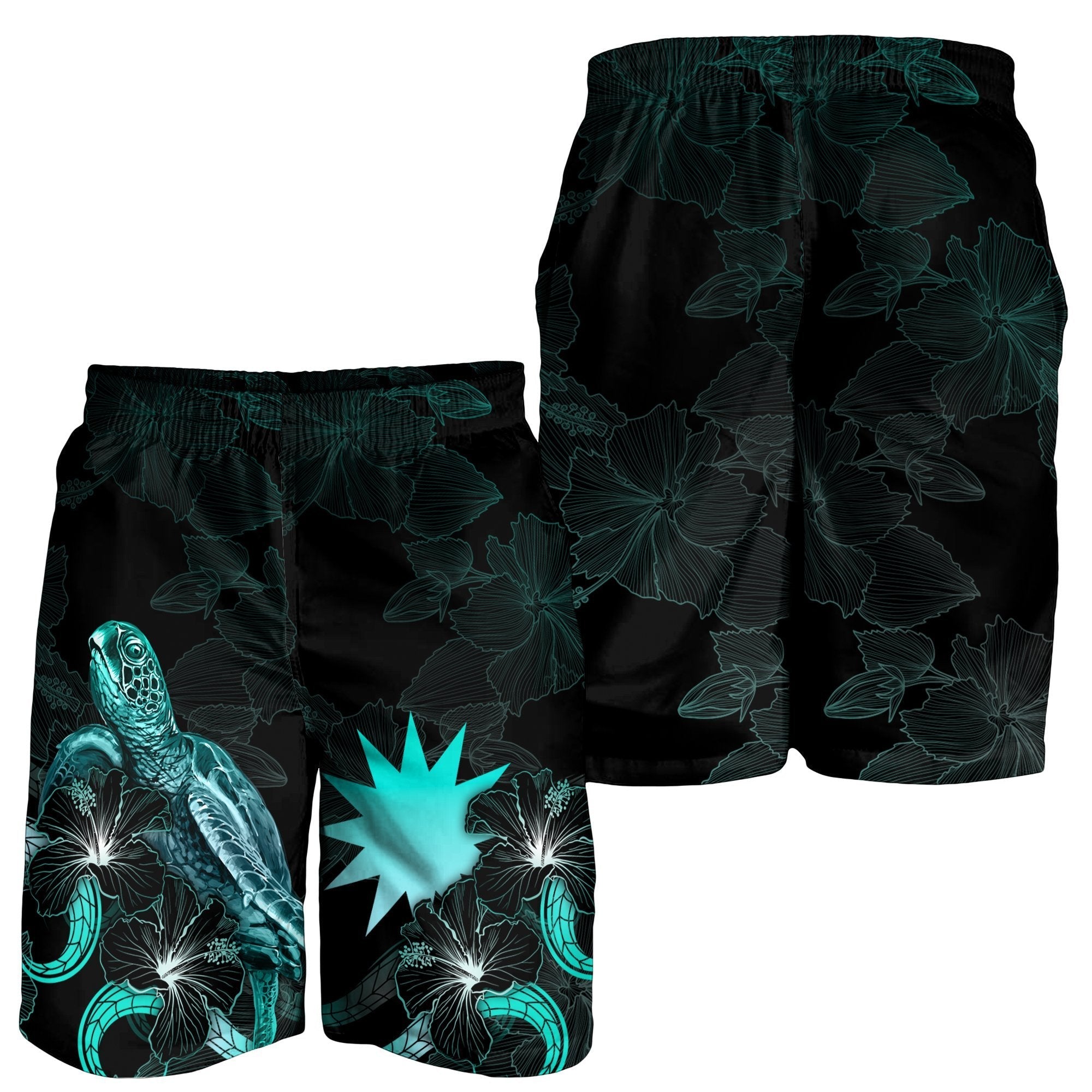 Nauru Polynesian Men's Shorts - Turtle With Blooming Hibiscus Turquoise - Vibe Hoodie Shop