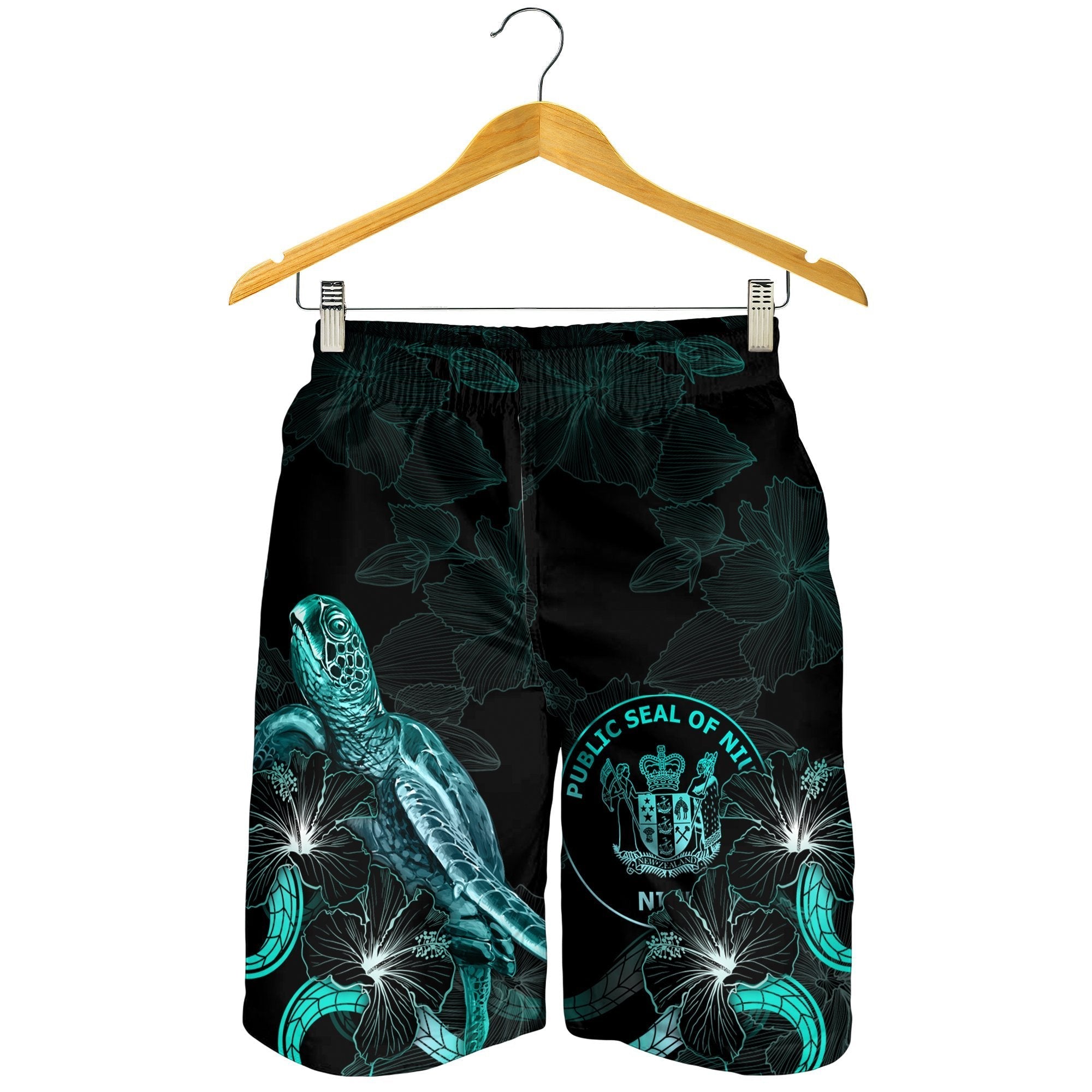 Niue Polynesian Men's Shorts - Turtle With Blooming Hibiscus Turquoise - Vibe Hoodie Shop