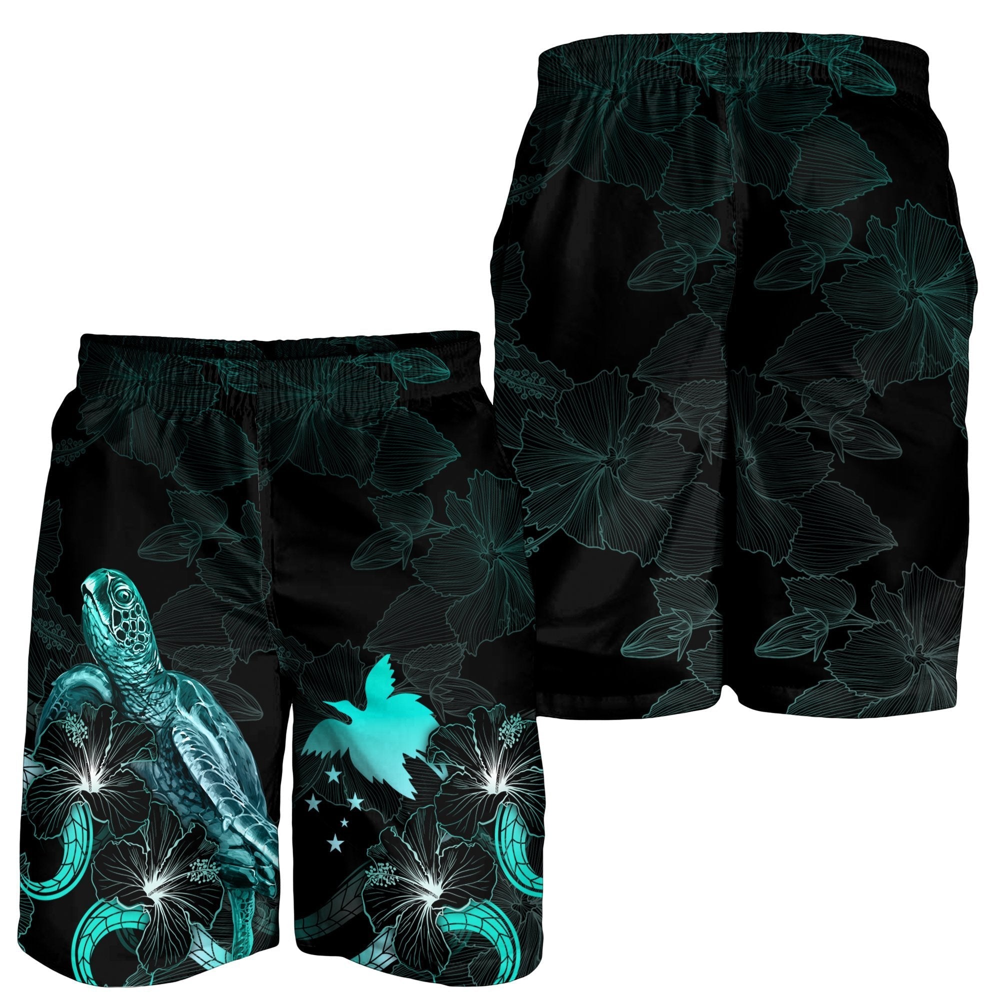 Papua New Guinea Polynesian Men's Shorts - Turtle With Blooming Hibiscus Turquoise - Vibe Hoodie Shop