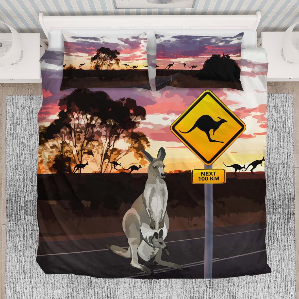 Bedding Sets - Kangaroo Bed Kangaroo Sign Landscape Art - Vibe Hoodie Shop