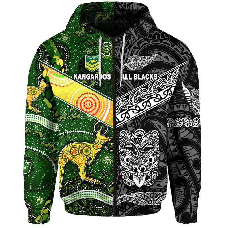 New Zealand Maori All Black And Australia Kangaroos Aboriginal Zip Up And Pullover Hoodie Rugby Together LT8 - Vibe Hoodie Shop