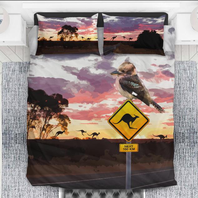 Bedding Sets - Kookaburra Bed Kangaroo Sign Landscape Art Sets - Vibe Hoodie Shop