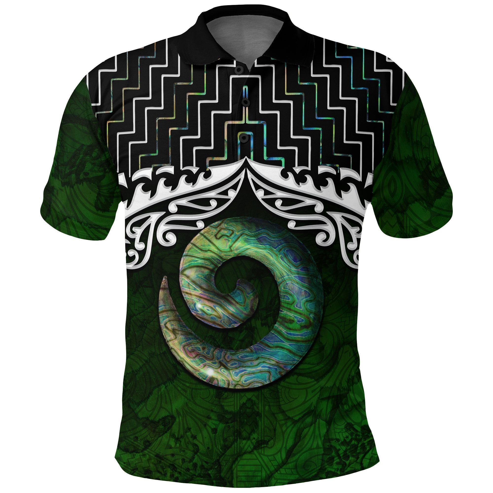 New Zealand Maori Polo Shirt, Poutama Koru Paua Shell Golf Shirt - Vibe Hoodie Shop