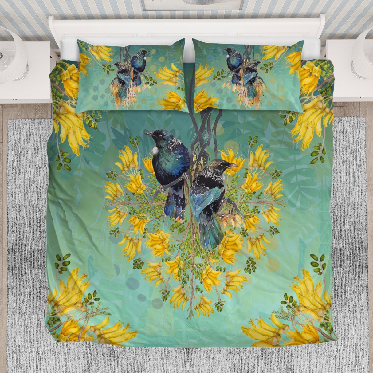 New Zealand Kowhai Bedding Set, Tui Bird Duvet Cover And Pillow Case - Vibe Hoodie Shop