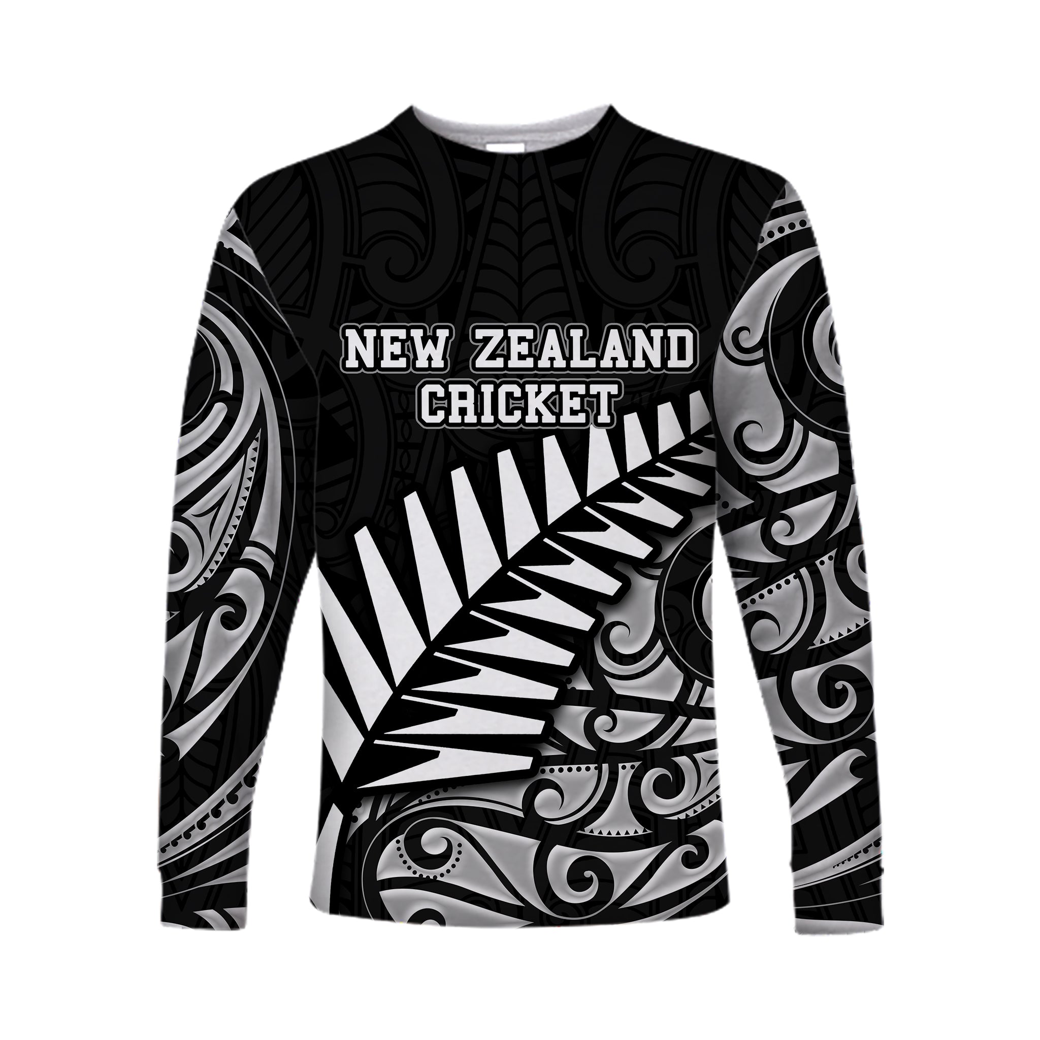 (Custom Personalised And Number) New Zealand National Cricket Team Long Sleeve Shirts Maori Patterns - Vibe Hoodie Shop