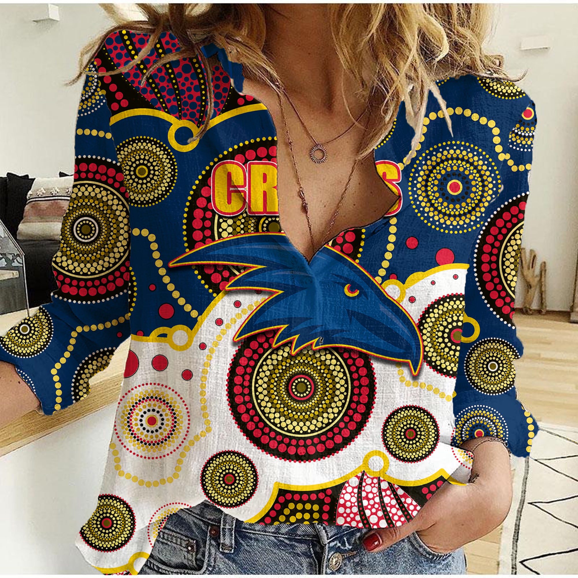 (Custom Personalised And Number) Crows AFL Women Casual Shirt Aboriginal Patterns - Vibe Hoodie Shop