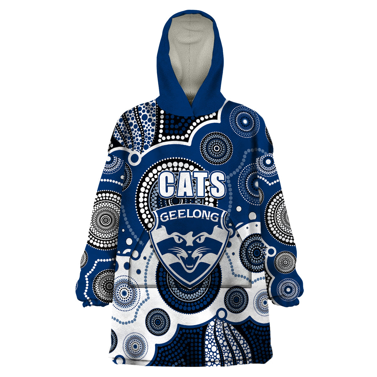 (Custom Personalised And Number) Cats AFL Wearable Blanket Hoodie Aboriginal Patterns - Vibe Hoodie Shop