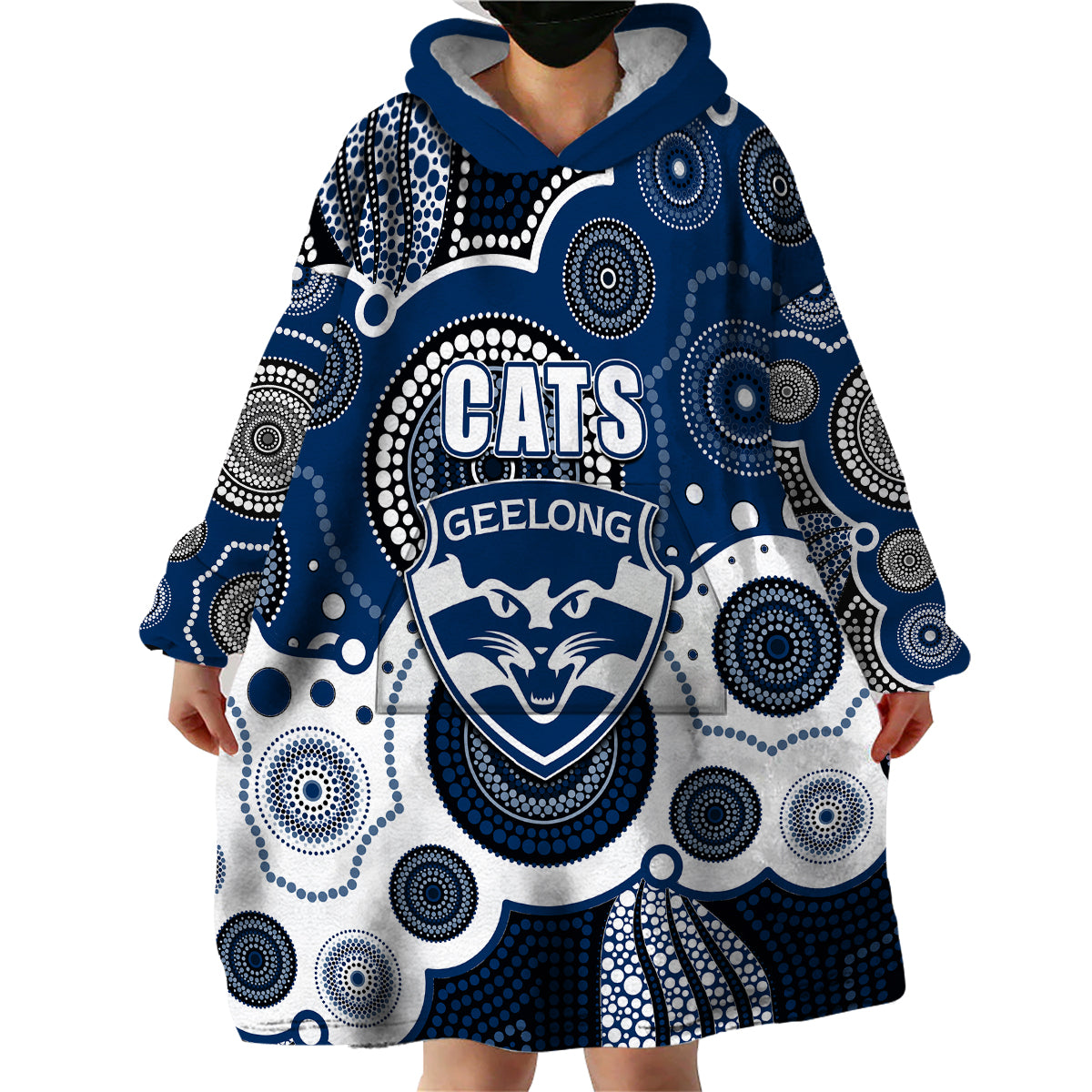 (Custom Personalised And Number) Cats AFL Wearable Blanket Hoodie Aboriginal Patterns - Vibe Hoodie Shop