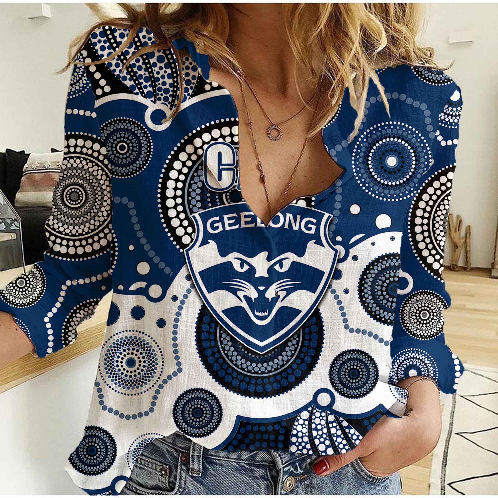 (Custom Personalised And Number) Cats AFL Women Casual Shirt Aboriginal Patterns - Vibe Hoodie Shop