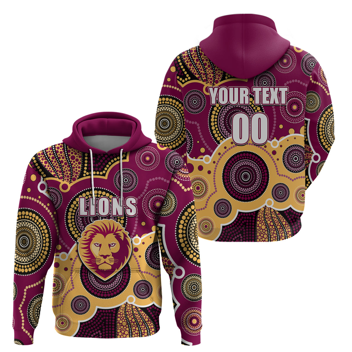 (Custom Personalised And Number) Lions AFL Hoodie Aboriginal Patterns LT6 - Vibe Hoodie Shop