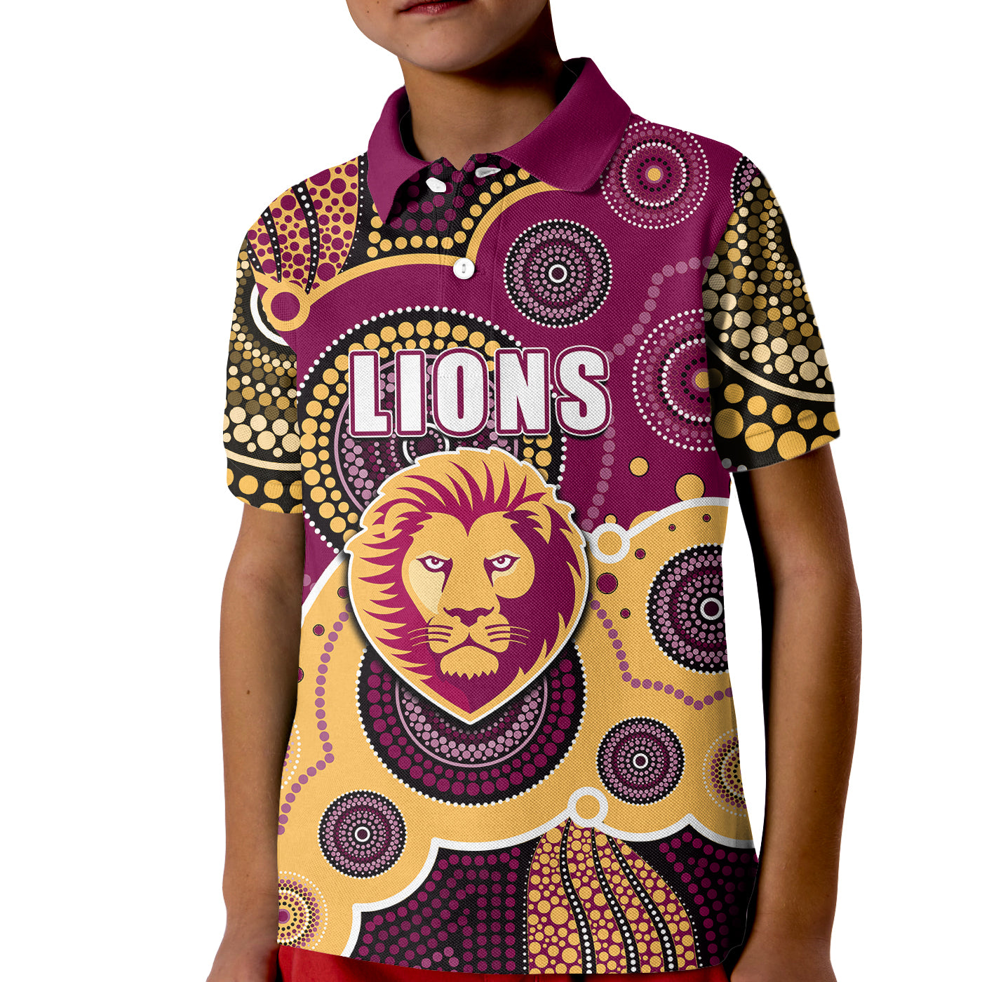 (Custom Personalised And Number) Lions AFL Kid Polo Shirt Aboriginal Patterns - Vibe Hoodie Shop