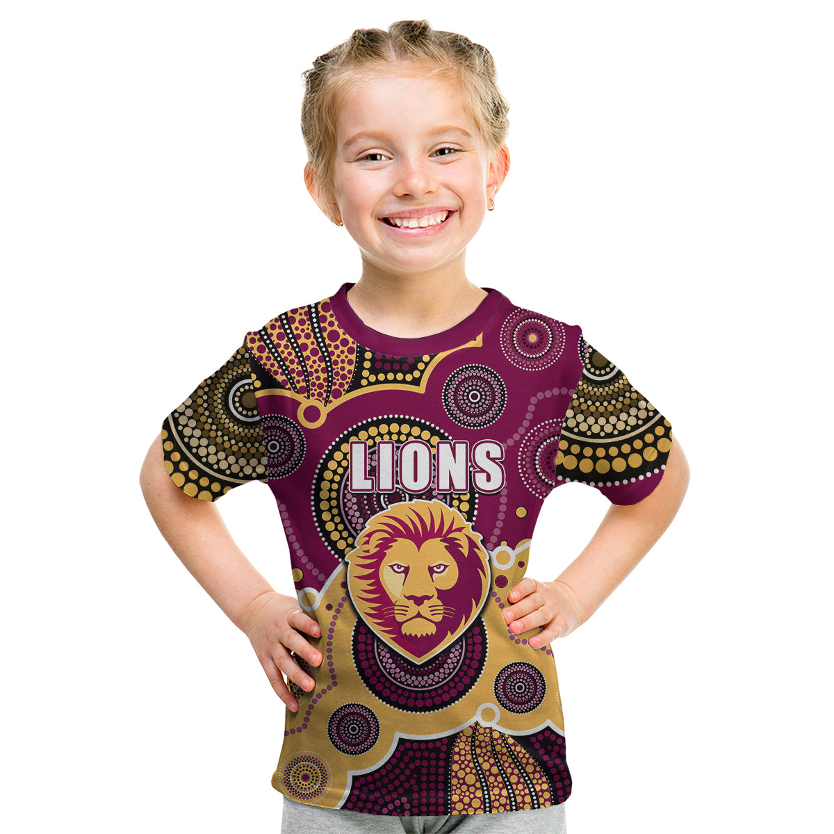 (Custom Personalised And Number) Lions AFL Kid T Shirt Aboriginal Patterns - Vibe Hoodie Shop