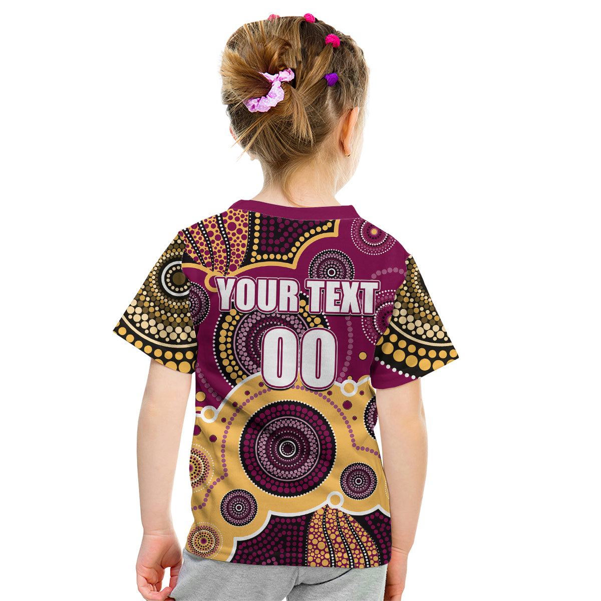 (Custom Personalised And Number) Lions AFL Kid T Shirt Aboriginal Patterns - Vibe Hoodie Shop