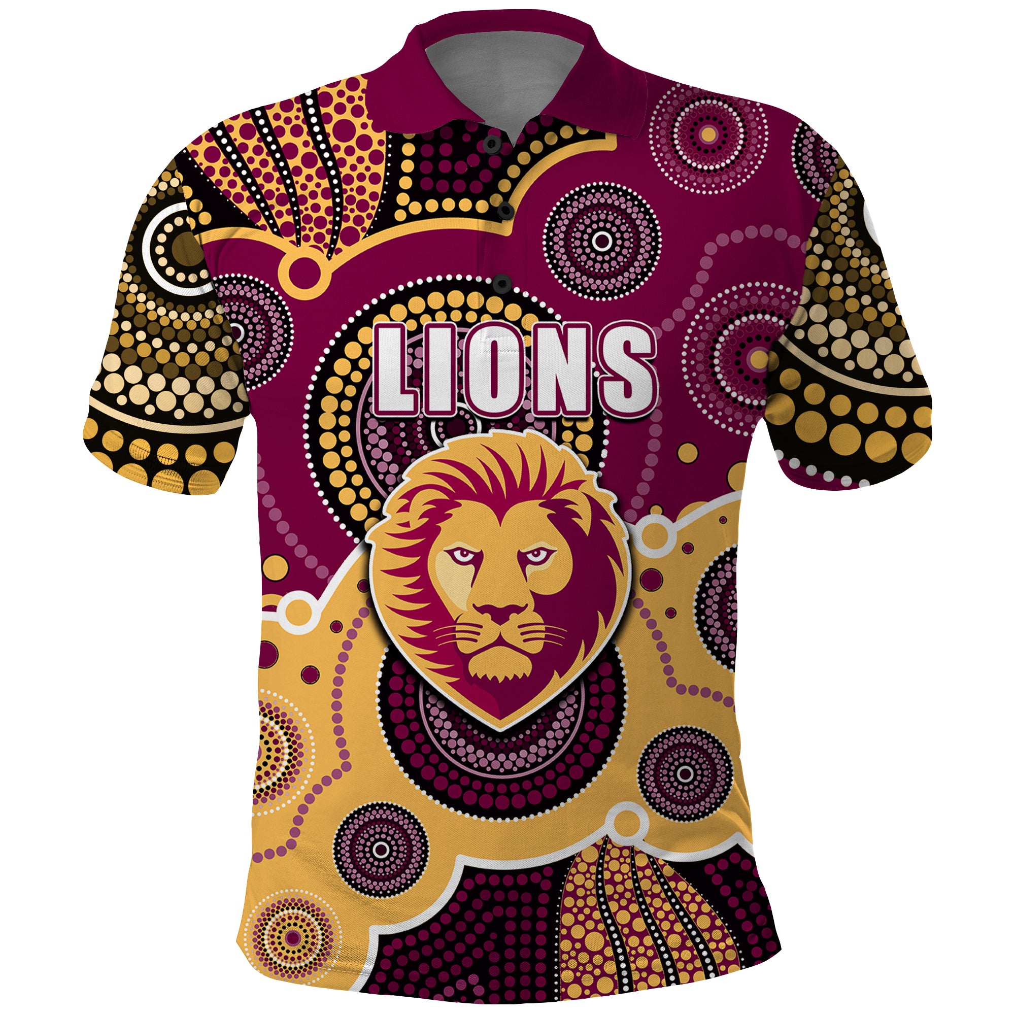 (Custom Personalised And Number) Lions AFL Polo Shirt Aboriginal Patterns - Vibe Hoodie Shop