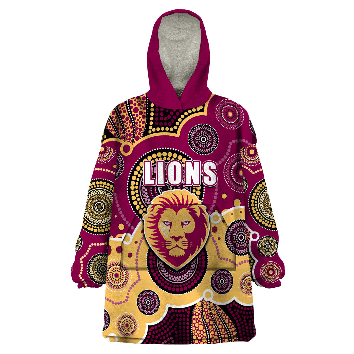 (Custom Personalised And Number) Lions AFL Wearable Blanket Hoodie Aboriginal Patterns - Vibe Hoodie Shop