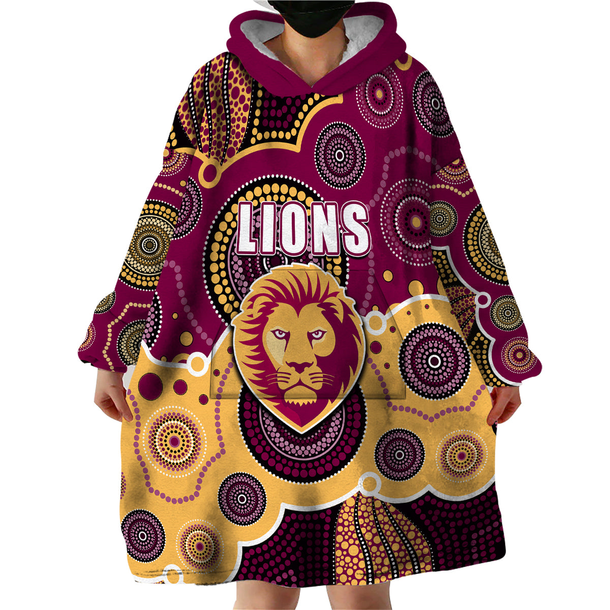 (Custom Personalised And Number) Lions AFL Wearable Blanket Hoodie Aboriginal Patterns - Vibe Hoodie Shop