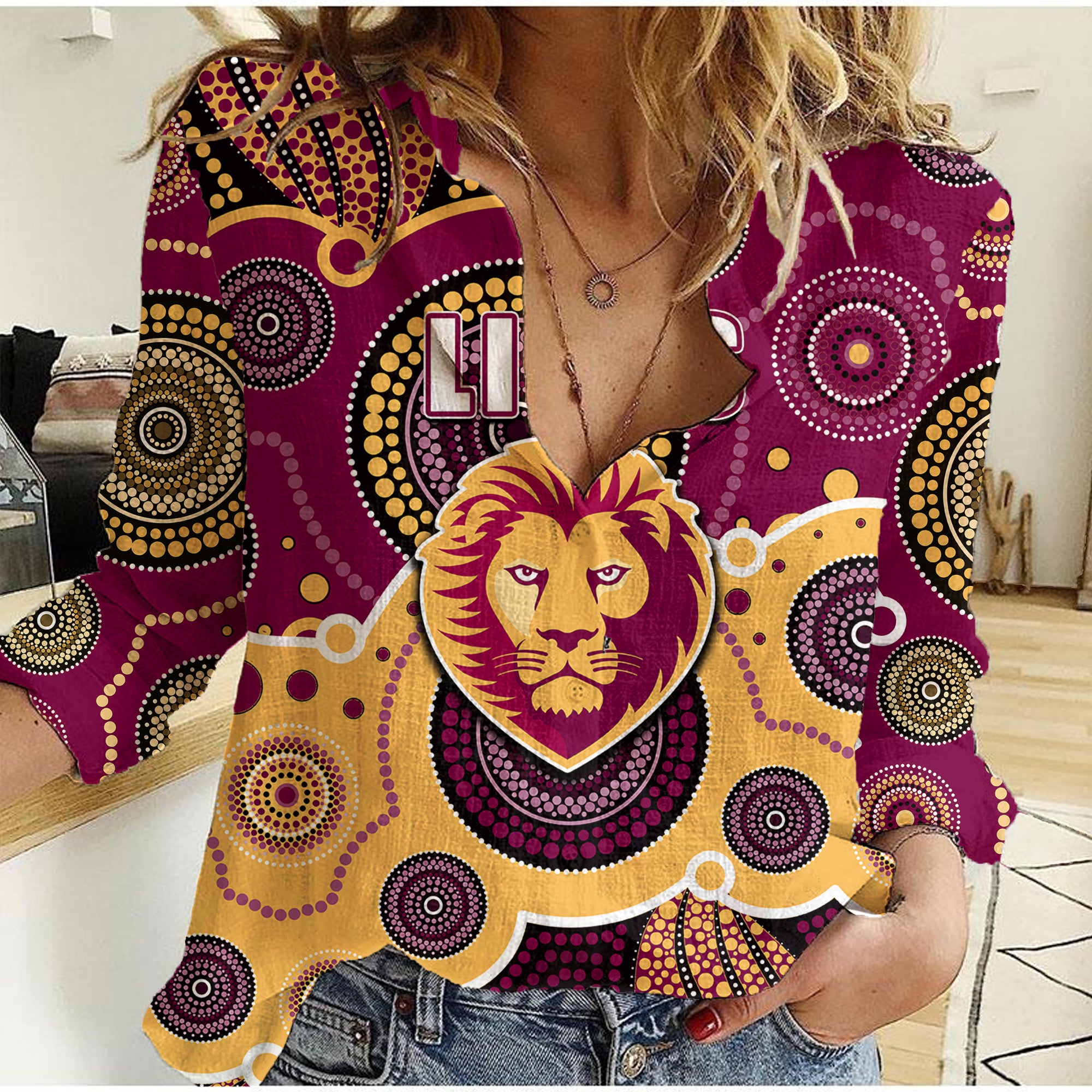 (Custom Personalised And Number) Lions AFL Women Casual Shirt Aboriginal Patterns - Vibe Hoodie Shop