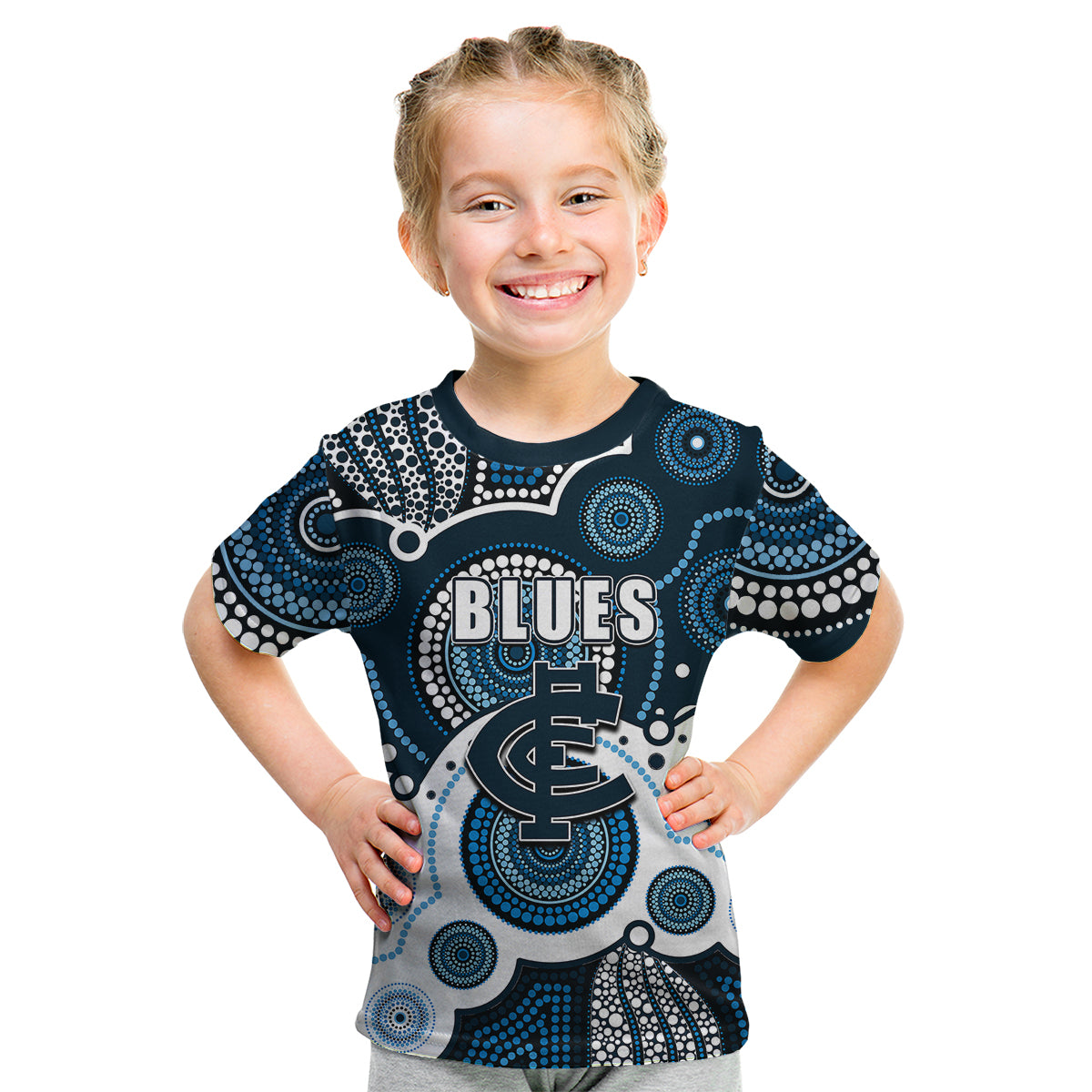 (Custom Personalised And Number) Blues AFL Kid T Shirt Aboriginal Patterns - Vibe Hoodie Shop