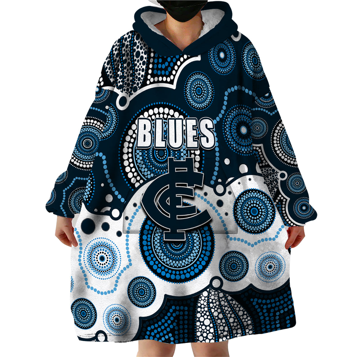 (Custom Personalised And Number) Blues AFL Wearable Blanket Hoodie Aboriginal Patterns - Vibe Hoodie Shop