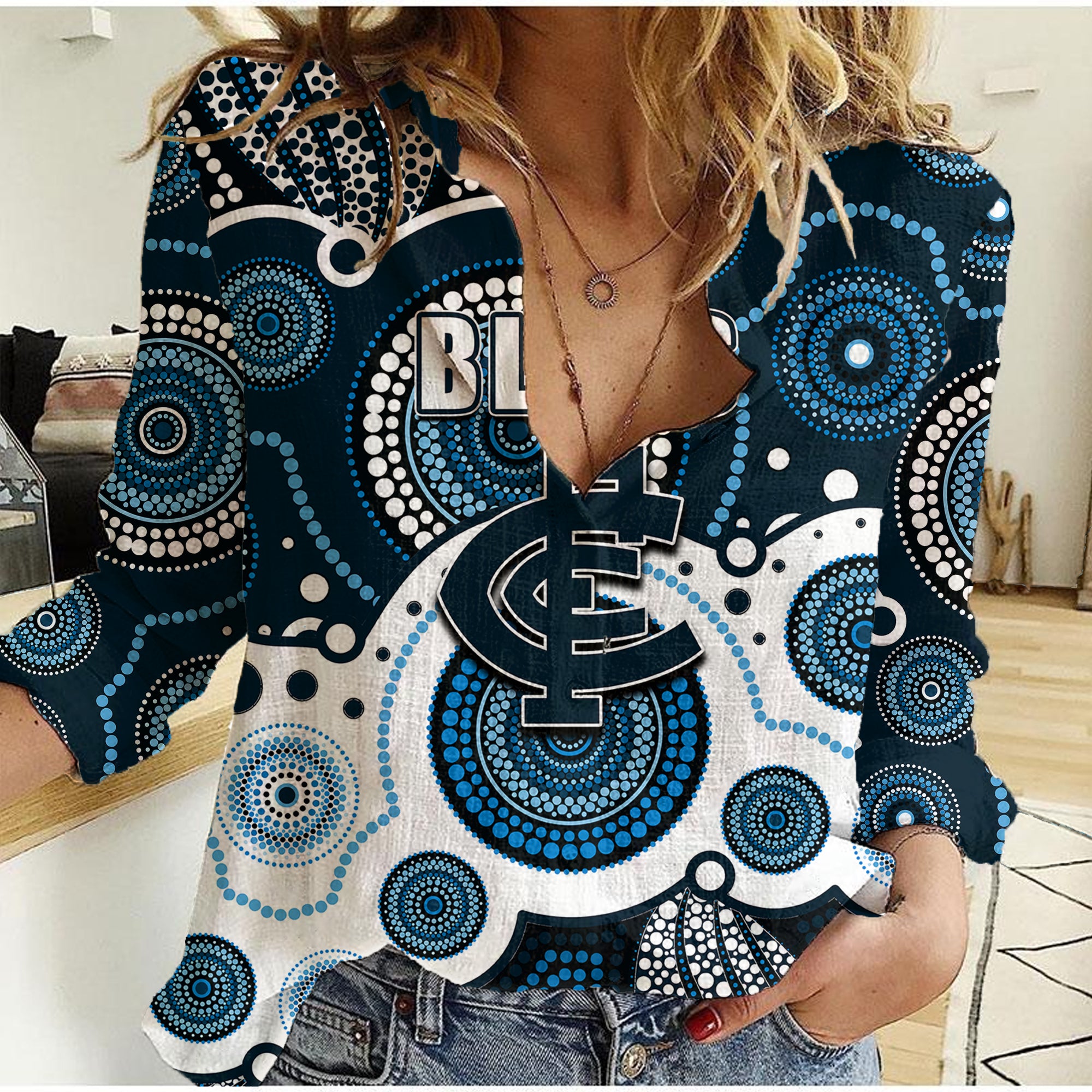 (Custom Personalised And Number) Blues AFL Women Casual Shirt Aboriginal Patterns - Vibe Hoodie Shop