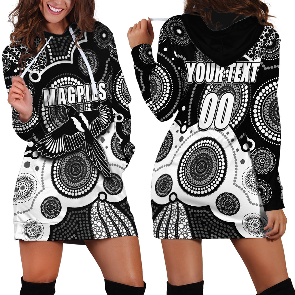 (Custom Personalised And Number) Magpies AFL Hoodie Dress Aboriginal Patterns - Vibe Hoodie Shop