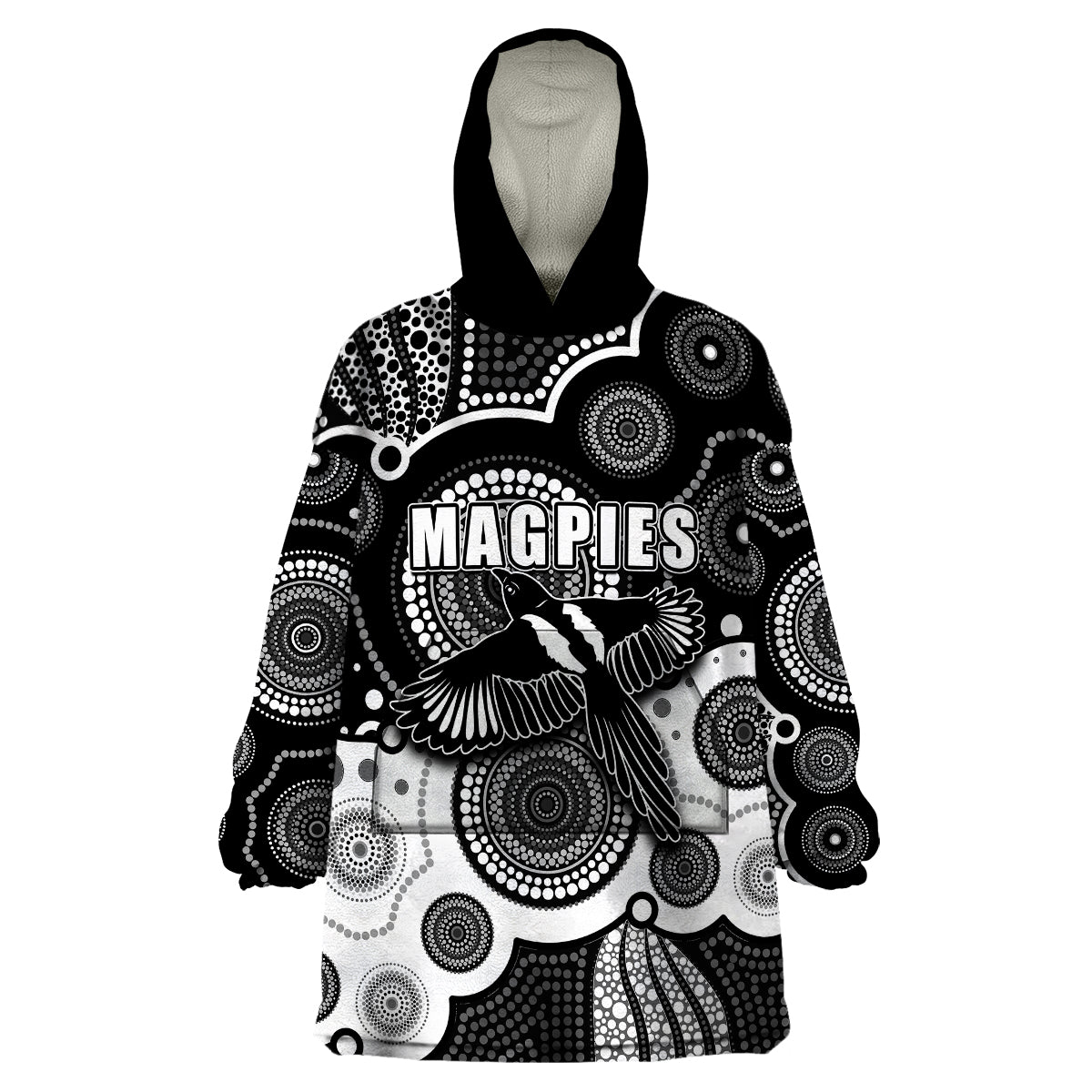 (Custom Personalised And Number) Magpies AFL Wearable Blanket Hoodie Aboriginal Patterns - Vibe Hoodie Shop