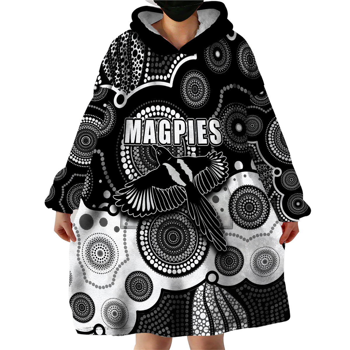 (Custom Personalised And Number) Magpies AFL Wearable Blanket Hoodie Aboriginal Patterns - Vibe Hoodie Shop