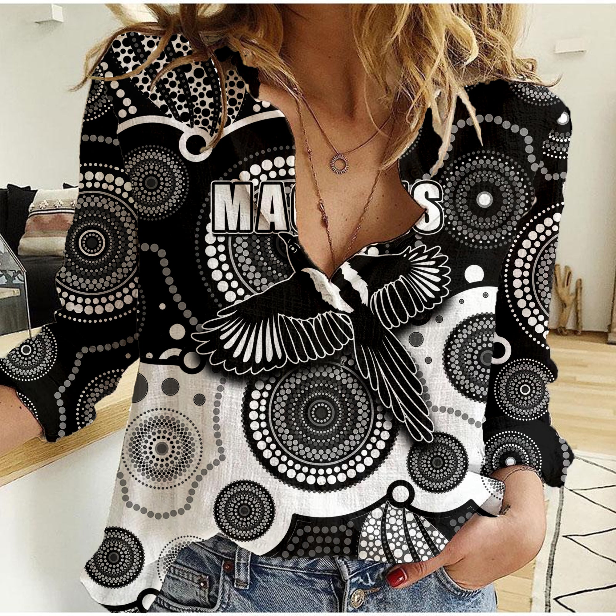 (Custom Personalised And Number) Magpies AFL Women Casual Shirt Aboriginal Patterns - Vibe Hoodie Shop