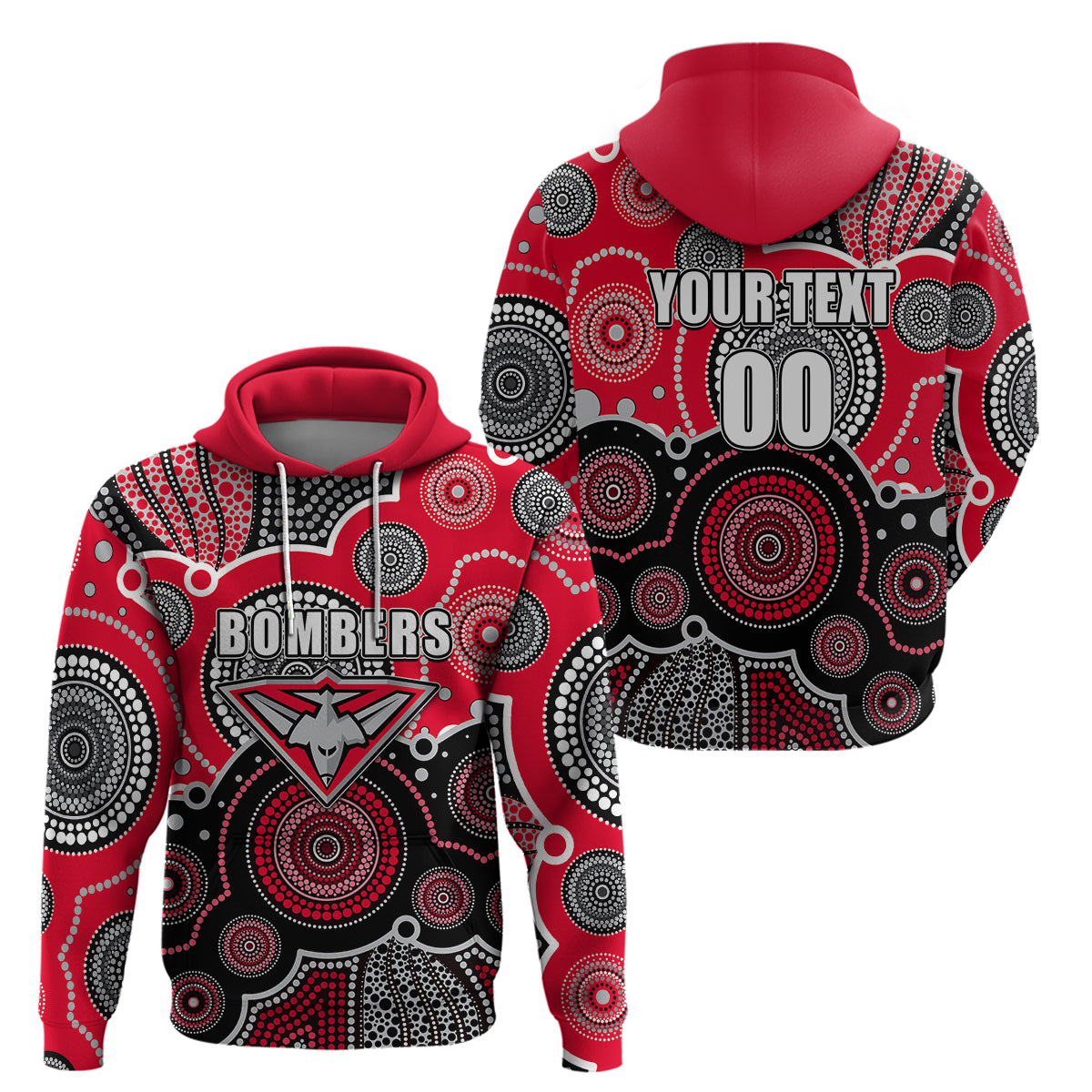 (Custom Personalised And Number) Bombers AFL Hoodie Aboriginal Patterns LT6 - Vibe Hoodie Shop