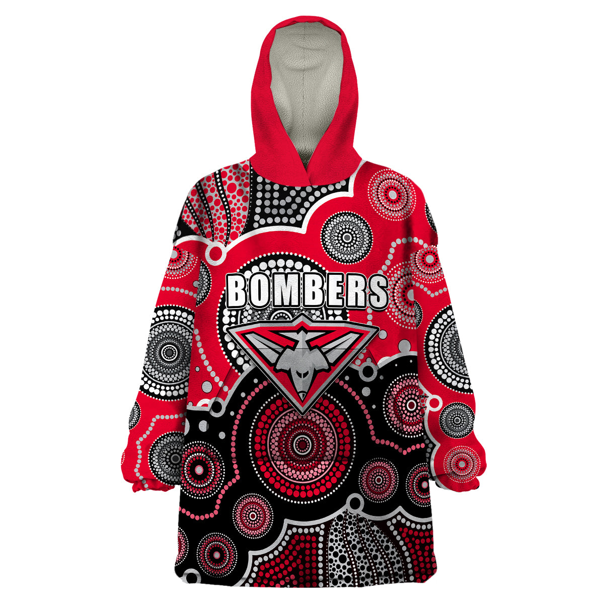 (Custom Personalised And Number) Bombers AFL Wearable Blanket Hoodie Aboriginal Patterns - Vibe Hoodie Shop