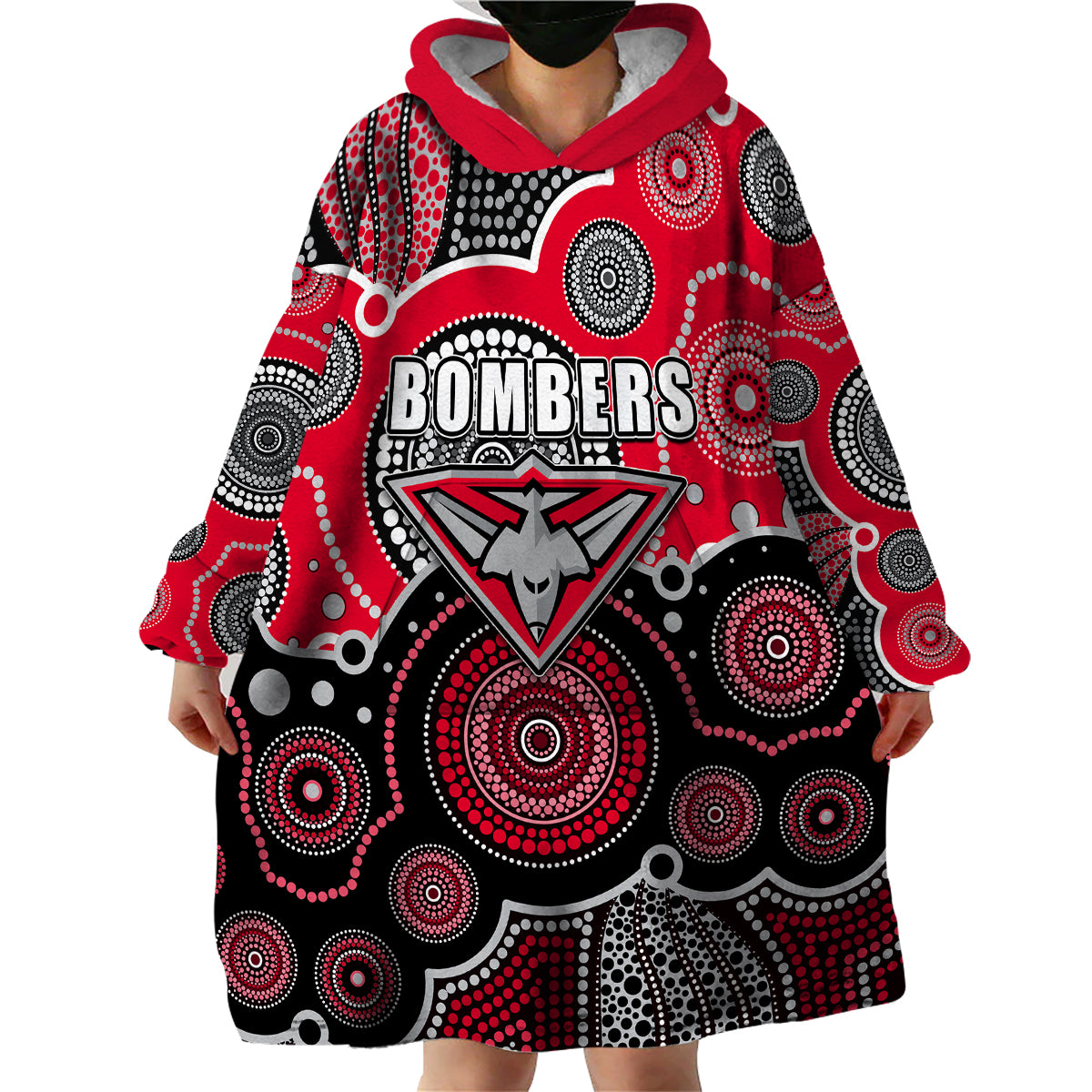 (Custom Personalised And Number) Bombers AFL Wearable Blanket Hoodie Aboriginal Patterns - Vibe Hoodie Shop