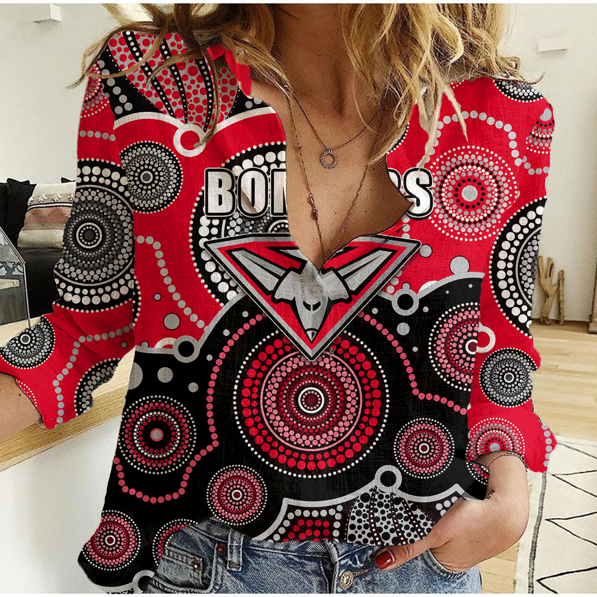 (Custom Personalised And Number) Bombers AFL Women Casual Shirt Aboriginal Patterns - Vibe Hoodie Shop