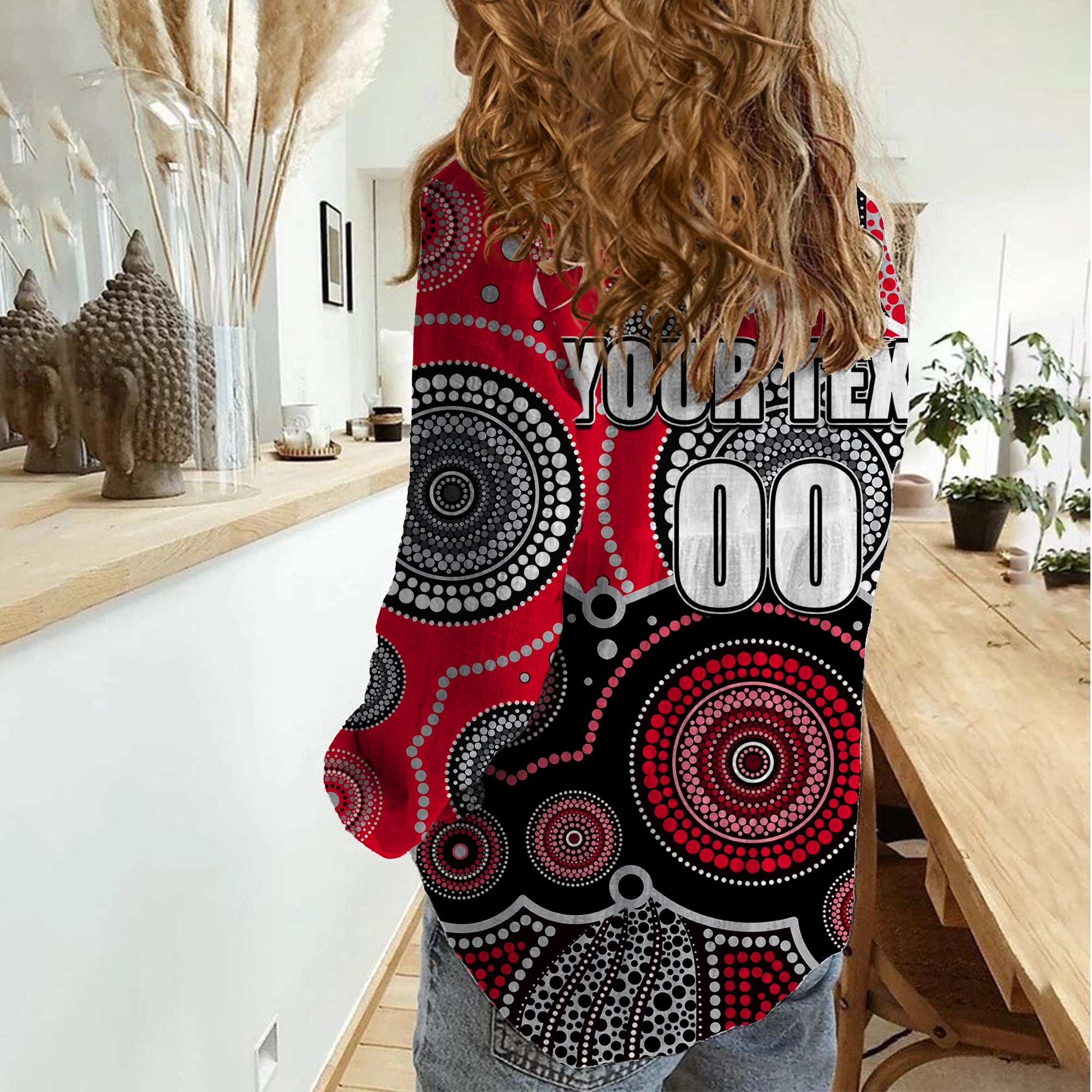 (Custom Personalised And Number) Bombers AFL Women Casual Shirt Aboriginal Patterns - Vibe Hoodie Shop