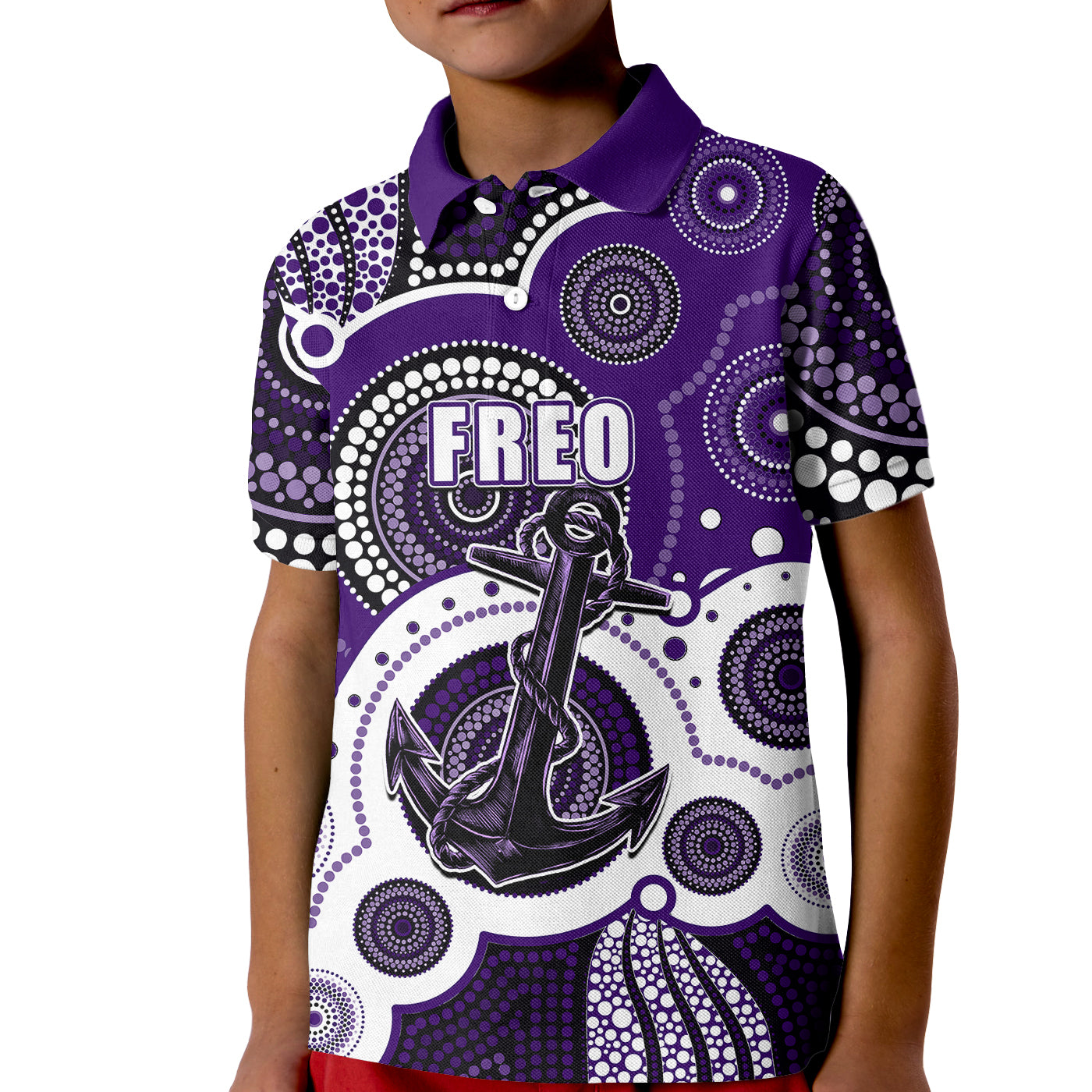 (Custom Personalised And Number) Freo AFL Kid Polo Shirt Aboriginal Patterns - Vibe Hoodie Shop