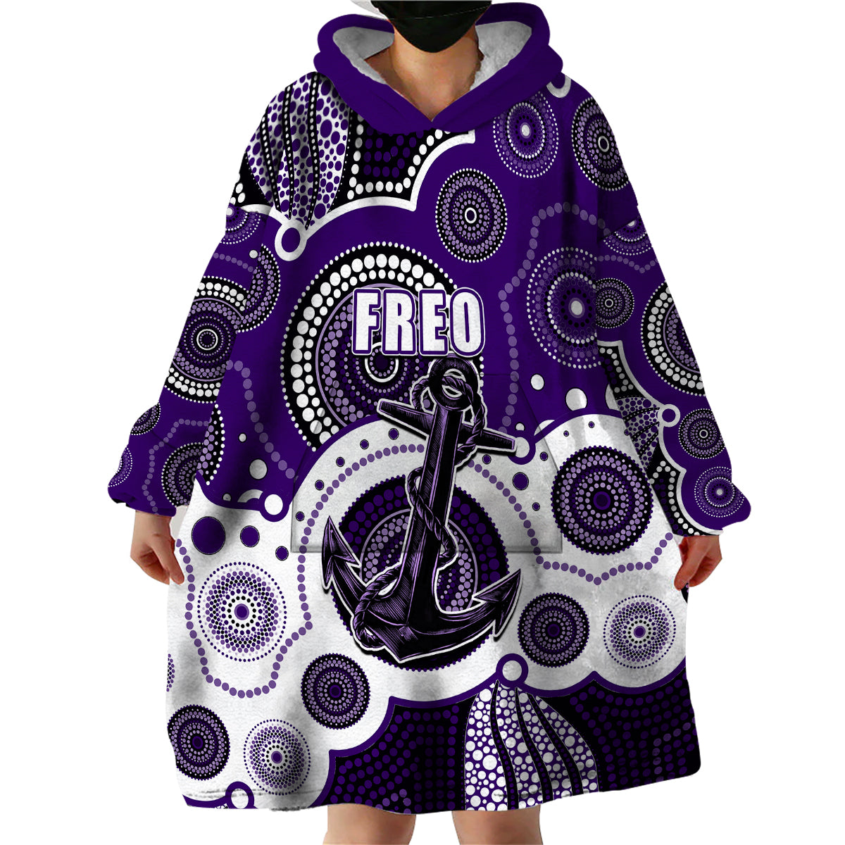 (Custom Personalised And Number) Freo AFL Wearable Blanket Hoodie Aboriginal Patterns - Vibe Hoodie Shop