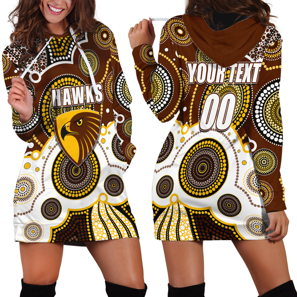 (Custom Personalised And Number) Hawks AFL Hoodie Dress Aboriginal Patterns - Vibe Hoodie Shop