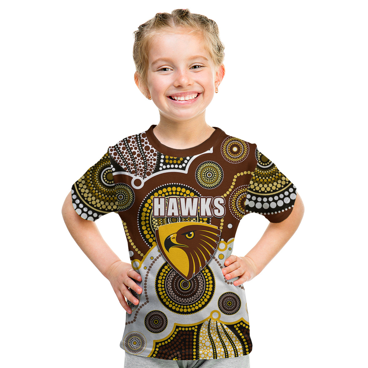 (Custom Personalised And Number) Hawks AFL Kid T Shirt Aboriginal Patterns - Vibe Hoodie Shop